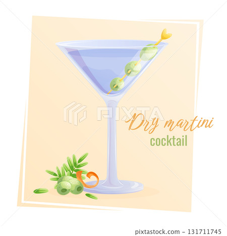 Cocktail dry martini in a glass, olives on a skewer, on a yellow background. The concept of a party, cocktail bar, summer. Isolated vector illustration for menu design, posters, banners, covers 131711745
