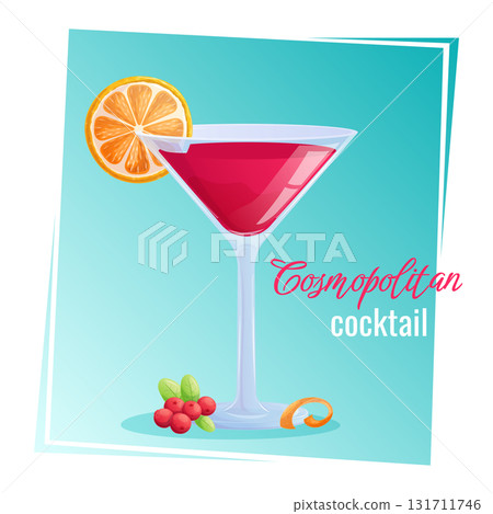 Cosmopolitan cocktail in a glass, orange slices, cranberries, orange peel on a blue background. The concept of a party, cocktail bar, summer. Isolated vector illustration for menu design, posters Cosmopolitan cocktail in a glass, orange slices, cranberries, orange peel on a blue background. The concept of a party, cocktail bar, summer. Isolated vector illustration for menu design, posters 131711746