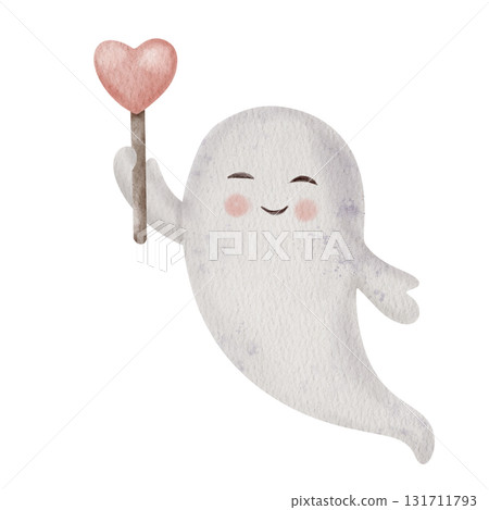Watercolor Halloween ghost holding Heart shaped Lollipop on a stick. Hand painted cute white ghost isolated on white. Ideal for Halloween and Valentines Day card or poster design. 131711793