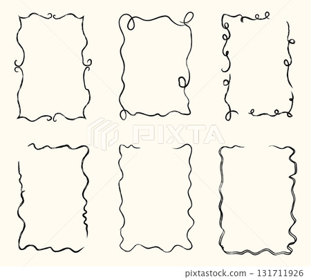 Whimsical hand drawn wavy frames and borders in playful doodle sketch style with crayon texture, imperfect freehand lines for decorative design. Flat vector illustration isolated on background. 131711926