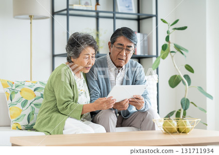 Senior couple looking at a tablet device in the living room 131711934