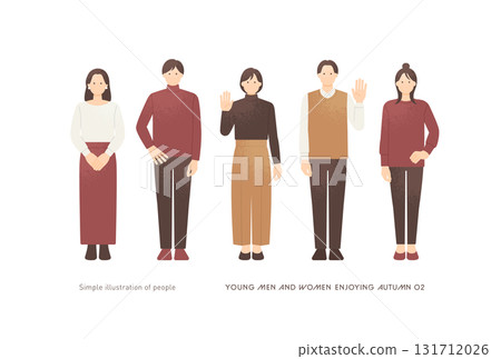 Group of five men and women in autumn clothes taking various poses Full body vector illustration set 131712026
