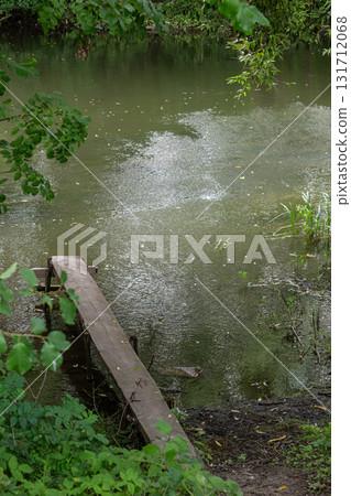 Tranquil view of a wooden pier on a quiet lake surrounded by lush greenery on a rainy day 131712068