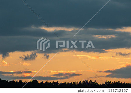 Dramatic sunset with dark clouds over a silhouette of trees in a tranquil natural setting during dusk 131712167