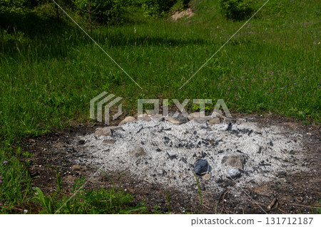 Campfire remnants surrounded by lush greenery in a peaceful outdoor setting during a sunny day in the countryside 131712187