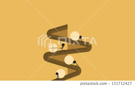 Minimalist Illustration of a Group of People Pushing a Large Ball in Their Own Way. Symbolizes Various Efforts and Means for the Same Goal 131712427
