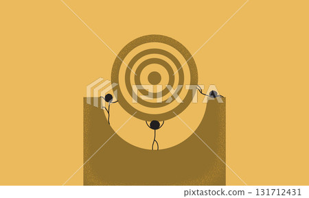 Hand-Drawn Stick Figure Illustration of a Group of People Trying and Working Together to Align and Balance a Shooting Target 131712431
