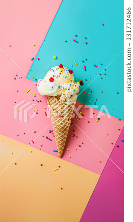 Scoops of ice cream in a waffle cone on colorful background 131712466