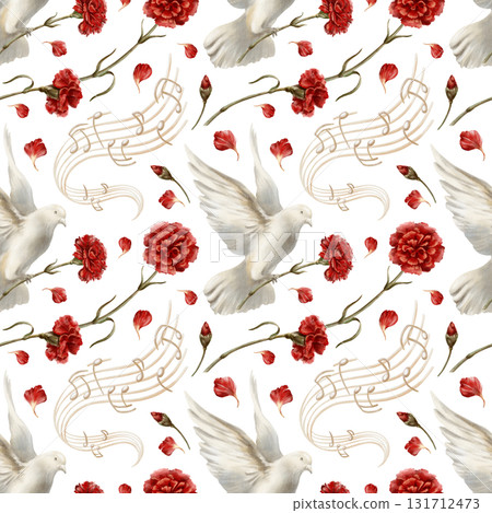 White pigeon soaring in air with red carnation,petals,bud,music stand with stylized beige-colored notes.Dove spread its wings as a symbol of the revolution's peaceful nature.Watercolor illustration White pigeon soaring in air with red carnation,petals,bud,music stand with stylized beige-colored notes.Dove spread its wings as a symbol of the revolution's peaceful nature.Watercolor illustration 131712473