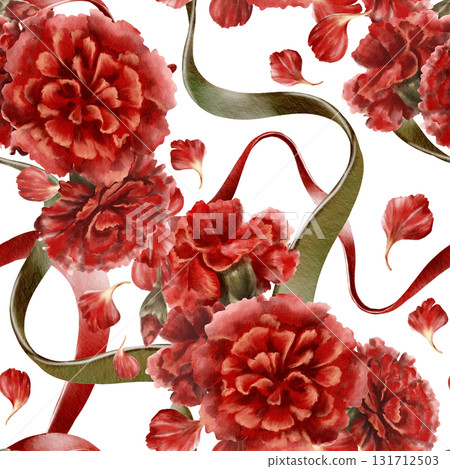 Portuguese revolution of carnations symbols red flower with ribbons colored national flag symbolizing freedom,peaceful change in the nation's life,and democracy.Watercolor hand drawn seamless pattern 131712503