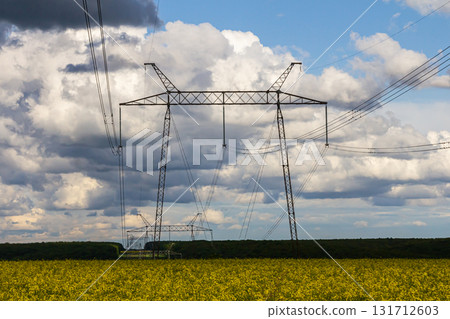 Electricity transmission towers stand against a backdrop of cloudy skies above a vibrant yellow field during the day near a rural area Electricity transmission towers stand against a backdrop of cloudy skies above a vibrant yellow field during the day near a rural area 131712603