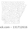 State of Arkansas, divided into 75 counties, outline map. State in the West South Central region of the Southern United States, nicknamed Natural State. Isolated black and white illustration. Vector 131712616