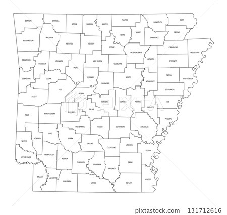 State of Arkansas, divided into 75 counties, outline map. State in the West South Central region of the Southern United States, nicknamed Natural State. Isolated black and white illustration. Vector State of Arkansas, divided into 75 counties, outline map. State in the West South Central region of the Southern United States, nicknamed Natural State. Isolated black and white illustration. Vector 131712616
