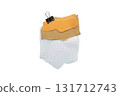 Torn piece of brown and yellow piece of paper with beige tape and black binder isolated on white background 131712743