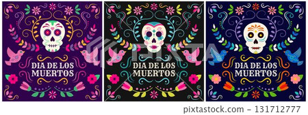 Set of square vector Day of the Dead banners featuring sugar skulls and patterns. Design for greeting cards, social media, and print. Set of square vector Day of the Dead banners featuring sugar skulls and patterns. Design for greeting cards, social media, and print. 131712777