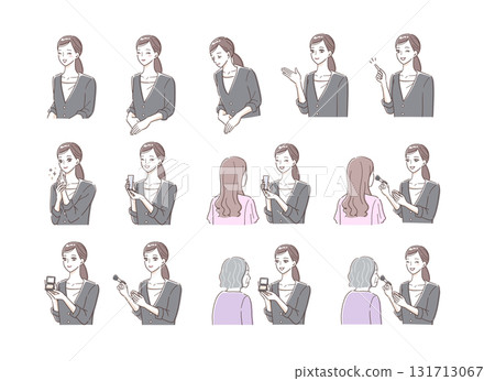 Illustration set of a female beauty consultant wearing a suit 131713067
