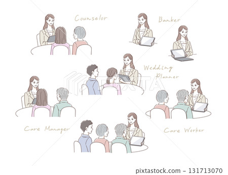 Illustration set of a senior couple and family consulting a woman in a suit Illustration set of a senior couple and family consulting a woman in a suit 131713070