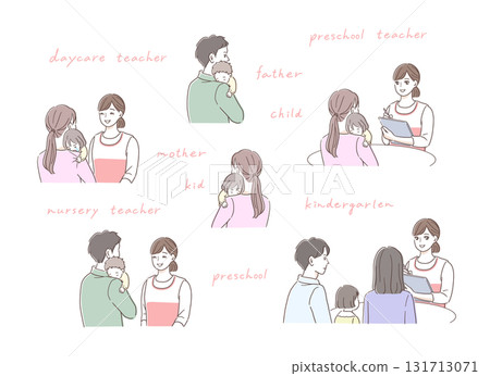 Illustration set of a family consulting a female nursery teacher 131713071