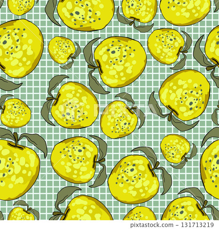 Seamless pattern with apple on color background. Natural delicious fresh ripe tasty fruit. Vector illustration for print, fabric, textile, banner, design. Stylized apples with leaves. Food concept Seamless pattern with apple on color background. Natural delicious fresh ripe tasty fruit. Vector illustration for print, fabric, textile, banner, design. Stylized apples with leaves. Food concept 131713219