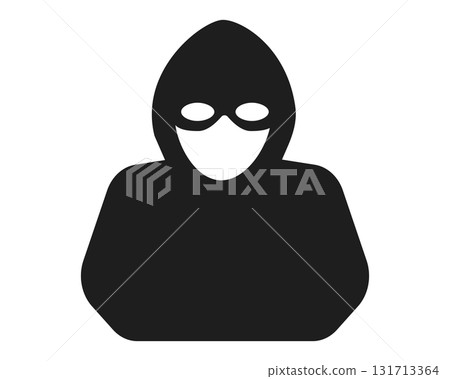 Incognito anonymous character silhouette icon, hacker or scammer with hidden face, villain. Thief, criminal, robber simple sign.  131713364
