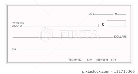 Bank check, checkbook blank cheque template, empty fields, grids to fill, mockup paper, payment.  131713366