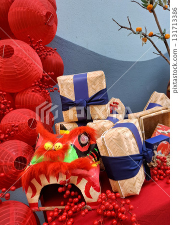 Vietnamese Tet Holiday Decoration with Gift Boxes and Lanterns 131713386