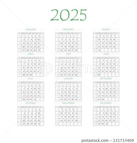 2025 calendar planner. Corporate week. Template layout, 12 months yearly, white background. Simple design for business brochure, flyer, print media, advertisement. Week starts from Monday 131713409