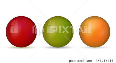 Set with glass colorful balls. Glossy realistic ball, 3D abstract vector illustration highlighted on a white background. Big metal bubble with shadow 131713411