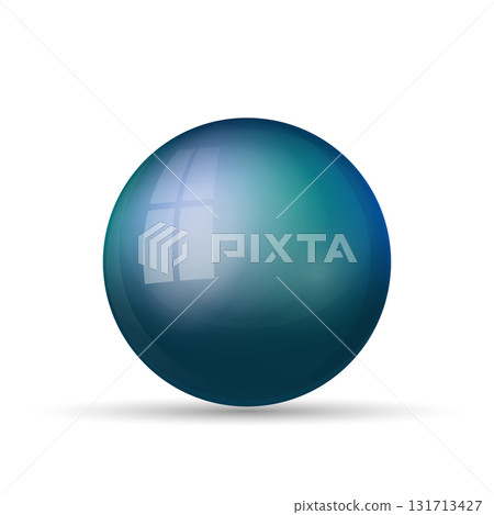 Glass blue ball or precious pearl. Glossy realistic ball, 3D abstract vector illustration highlighted on a white background. Big metal bubble with shadow 131713427