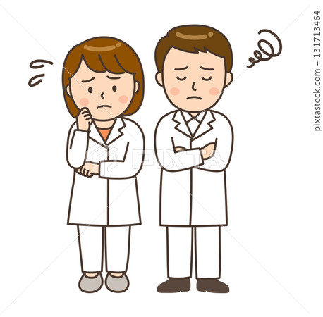 Illustration of a worried young male and female pharmacist Illustration of a worried young male and female pharmacist 131713464