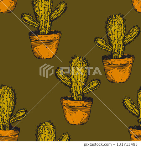 Seamless pattern with cacti, blooming succulent on color background. Vector hand drawn illustration for packaging, fabric, textile. Wild west cactus, western concept Seamless pattern with cacti, blooming succulent on color background. Vector hand drawn illustration for packaging, fabric, textile. Wild west cactus, western concept 131713483