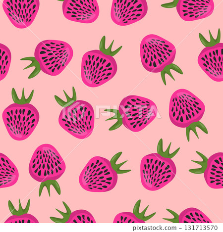 Seamless pattern with strawberry on color background. Natural delicious fresh ripe tasty fruit. Vector illustration for print, fabric, textile, banner, other design. Food concept 131713570