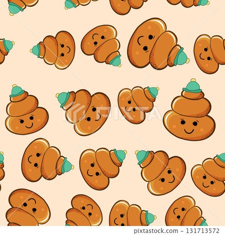 Seamless pattern with kawaii poop on white background. Cartoon poo, feces icons. Shit patterns, evil turd. Vector illustration for invitation, poster, card, fabric, textile. Doodle style 131713572