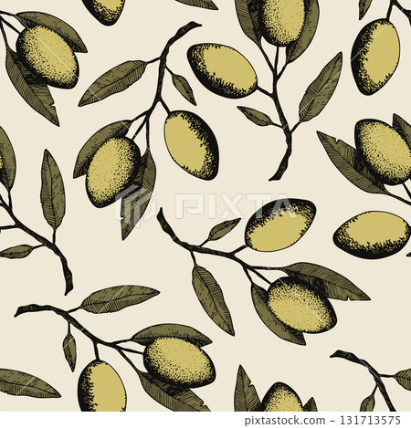Seamless pattern with olive branch. Ink hand drawn olives background. Botanic plant vector illustration for print, fabric, textile. A sprig of an olive tree with leaves. Food concept Seamless pattern with olive branch. Ink hand drawn olives background. Botanic plant vector illustration for print, fabric, textile. A sprig of an olive tree with leaves. Food concept 131713575