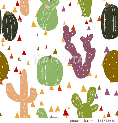 Seamless pattern with cactus with thorns, succulent on color background. Vector drawing illustration for icon, game, packaging, fabric, textile. Wild west, western, cowboy concept Seamless pattern with cactus with thorns, succulent on color background. Vector drawing illustration for icon, game, packaging, fabric, textile. Wild west, western, cowboy concept 131713640