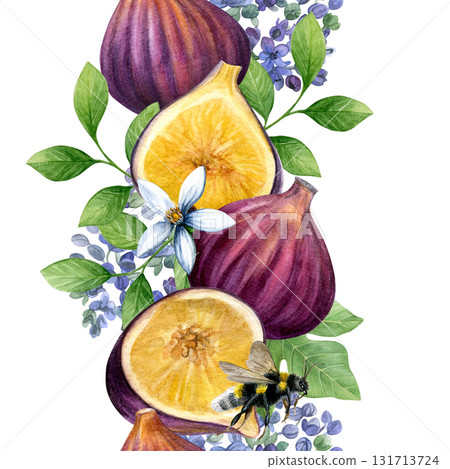 Watercolor border of figs, leaves, flowers and bumblebees. Good for postcards, recipes, menu, invitations, greeting cards. 131713724