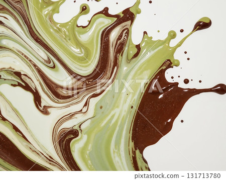 Abstract fluid art with chocolate. Dynamic waves of melted brown, white, and green cream create a beautiful liquid marble texture. Modern art background. Abstract fluid art with chocolate. Dynamic waves of melted brown, white, and green cream create a beautiful liquid marble texture. Modern art background. 131713780