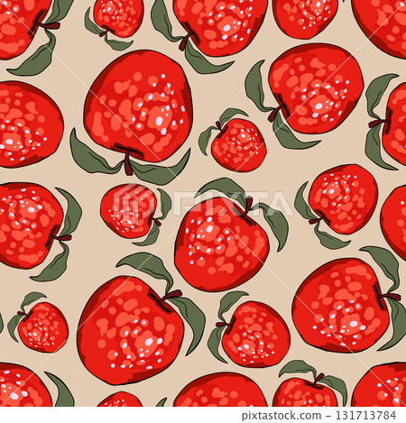Seamless pattern with apple on color background. Natural delicious fresh ripe tasty fruit. Vector illustration for print, fabric, textile, banner, design. Stylized apples with leaves. Food concept Seamless pattern with apple on color background. Natural delicious fresh ripe tasty fruit. Vector illustration for print, fabric, textile, banner, design. Stylized apples with leaves. Food concept 131713784