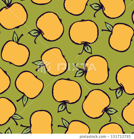 Seamless pattern with apple on color background. Natural delicious fresh ripe tasty fruit. Vector illustration for print, fabric, textile, banner, design. Stylized apples with leaves. Food concept 131713785