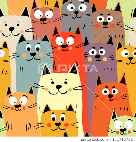Seamless pattern with cute kitten print. Different scandy cats on color background. Scandinavian style illustration for kids. Vector illustration for fabric, textile, wallpaper, home clothing, pajama 131713798