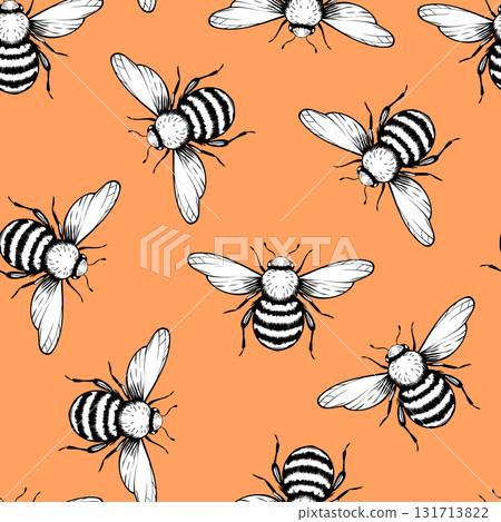 Seamless pattern with bees on color background. Small wasp. Vector illustration. Adorable cartoon character. Template design for invitation, cards, textile, fabric. Doodle style 131713822