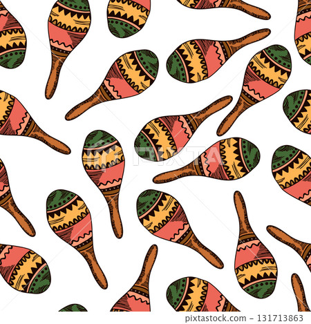 Seamless pattern with Cuban or Mexican maracas. Musical instrument. Wild West, Mexico concept. Vector drawing background for textile, wallpaper, packaging, fabric Seamless pattern with Cuban or Mexican maracas. Musical instrument. Wild West, Mexico concept. Vector drawing background for textile, wallpaper, packaging, fabric 131713863