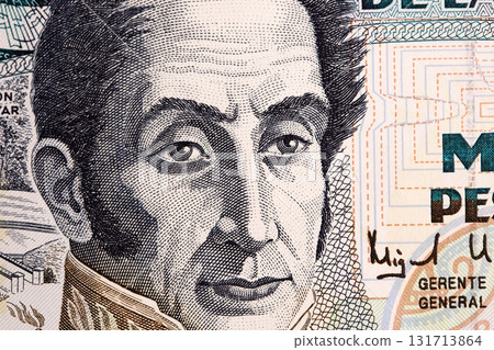 Simon Bolivar a closeup portrait from Colombian money 131713864
