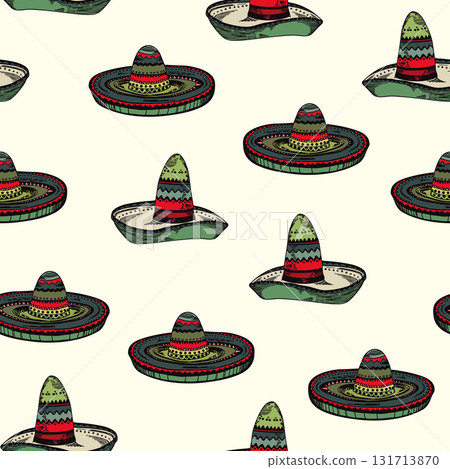 Seamless patterm with Mexican ethnic sombrero hat. Vector drawing illustration for packaging, wallpaper, fabric. Wild west, Mexico, Cuba concept. Traditional Mexican wide brimmed hat 131713870