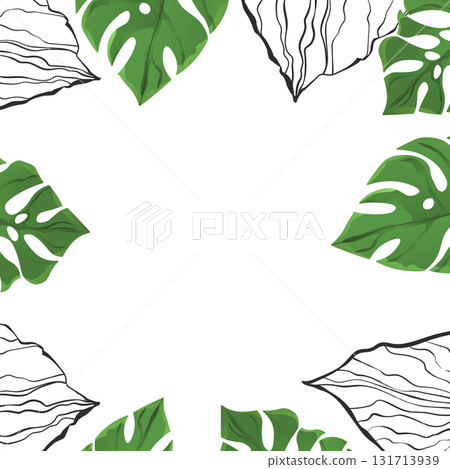 Floral frame with colorful exotic branches on white background. Ornate border with tropic leaves. Vector stock illustration for wallpaper, posters, card. Doodle style. Copy space 131713939