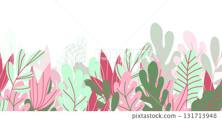 Floral frame with colorful exotic branches on white background. Ornate border with tropic leaves. Vector stock illustration for wallpaper, posters, card. Doodle style. Copy space Floral frame with colorful exotic branches on white background. Ornate border with tropic leaves. Vector stock illustration for wallpaper, posters, card. Doodle style. Copy space 131713948