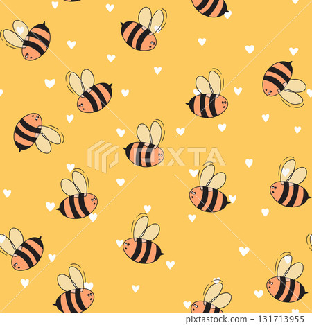 Seamless pattern with bees on color background. Small wasp. Vector illustration. Adorable cartoon character. Template design for invitation, cards, textile, fabric. Doodle style Seamless pattern with bees on color background. Small wasp. Vector illustration. Adorable cartoon character. Template design for invitation, cards, textile, fabric. Doodle style 131713955