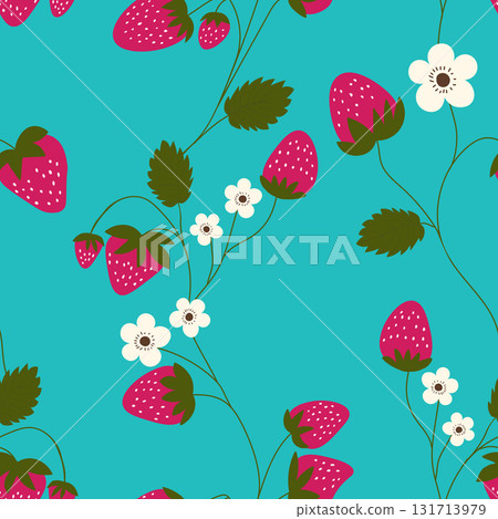 Seamless pattern with strawberry on color background. Natural delicious fresh ripe tasty fruit. Vector illustration for print, fabric, textile, banner, other design. Food concept Seamless pattern with strawberry on color background. Natural delicious fresh ripe tasty fruit. Vector illustration for print, fabric, textile, banner, other design. Food concept 131713979