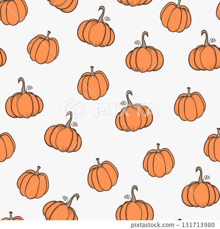 Seamless pattern with pumpkins on color background. Vector hand drawn sketched pumpkin. Autumn illustration for holidays, Halloween. Various food items in doodle style Seamless pattern with pumpkins on color background. Vector hand drawn sketched pumpkin. Autumn illustration for holidays, Halloween. Various food items in doodle style 131713980