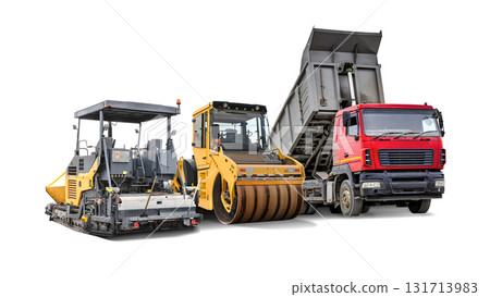 Construction equipment lineup featuring a paver, roller, and dump truck in an isolated setting Construction equipment lineup featuring a paver, roller, and dump truck in an isolated setting 131713983